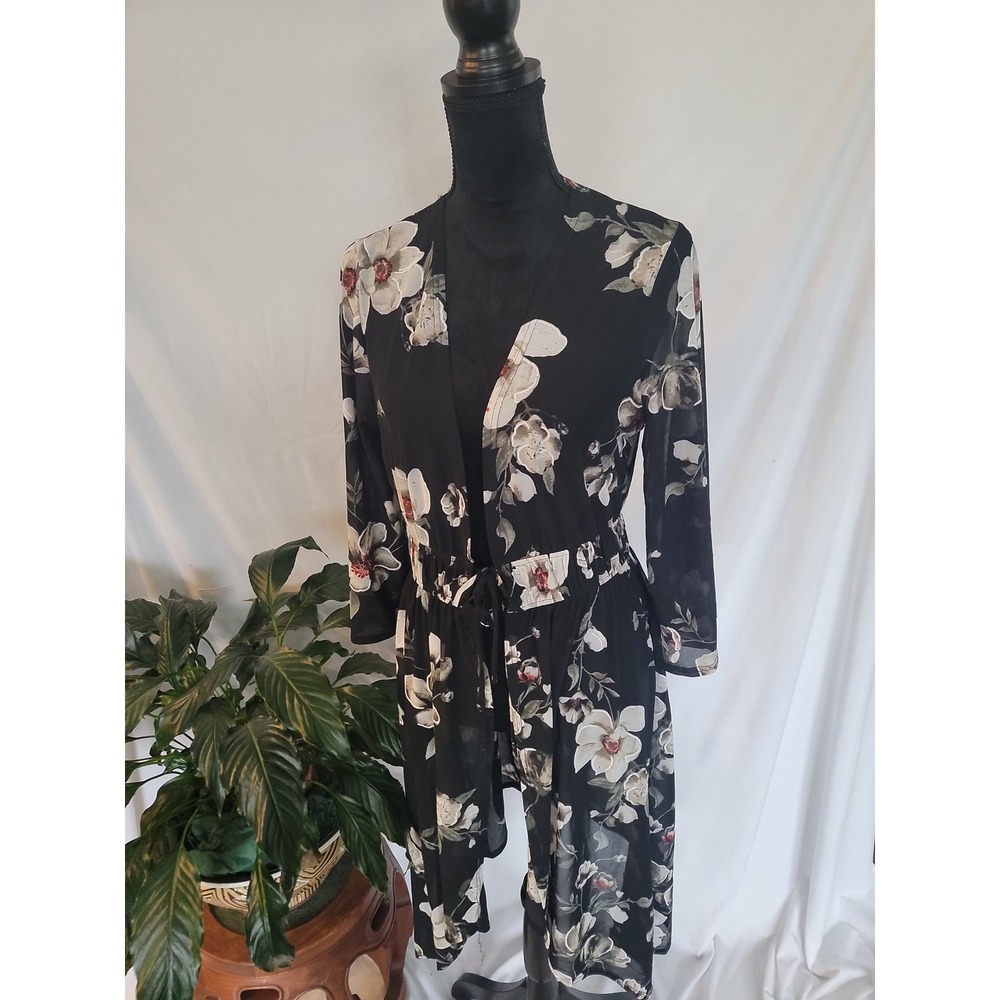 Ember Black Floral Mesh Kimono Duster Open Front Drawstring Waist Medium